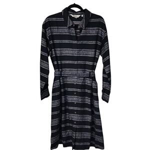 People Tree Organic Cotton Hand Woven Black Gray Striped Shirt Dress Women 8 NEW